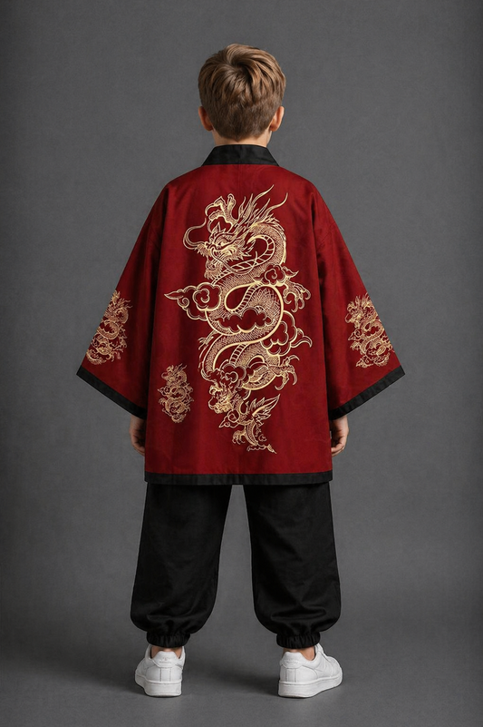 Veste Kimono Relax Garçon Rouge Dragon Doré