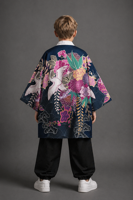 Veste Kimono Relax Garçon Grues et Fleurs