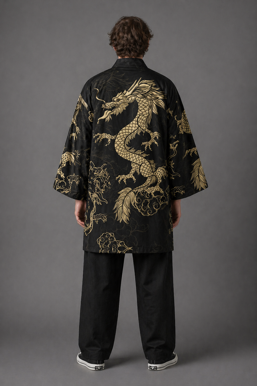 Kimono Long Homme Satin Dragon Or