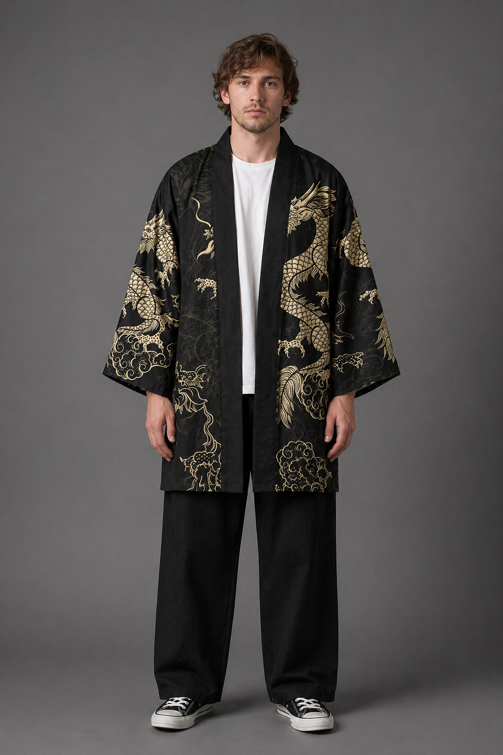Kimono Long Homme Satin Dragon Or