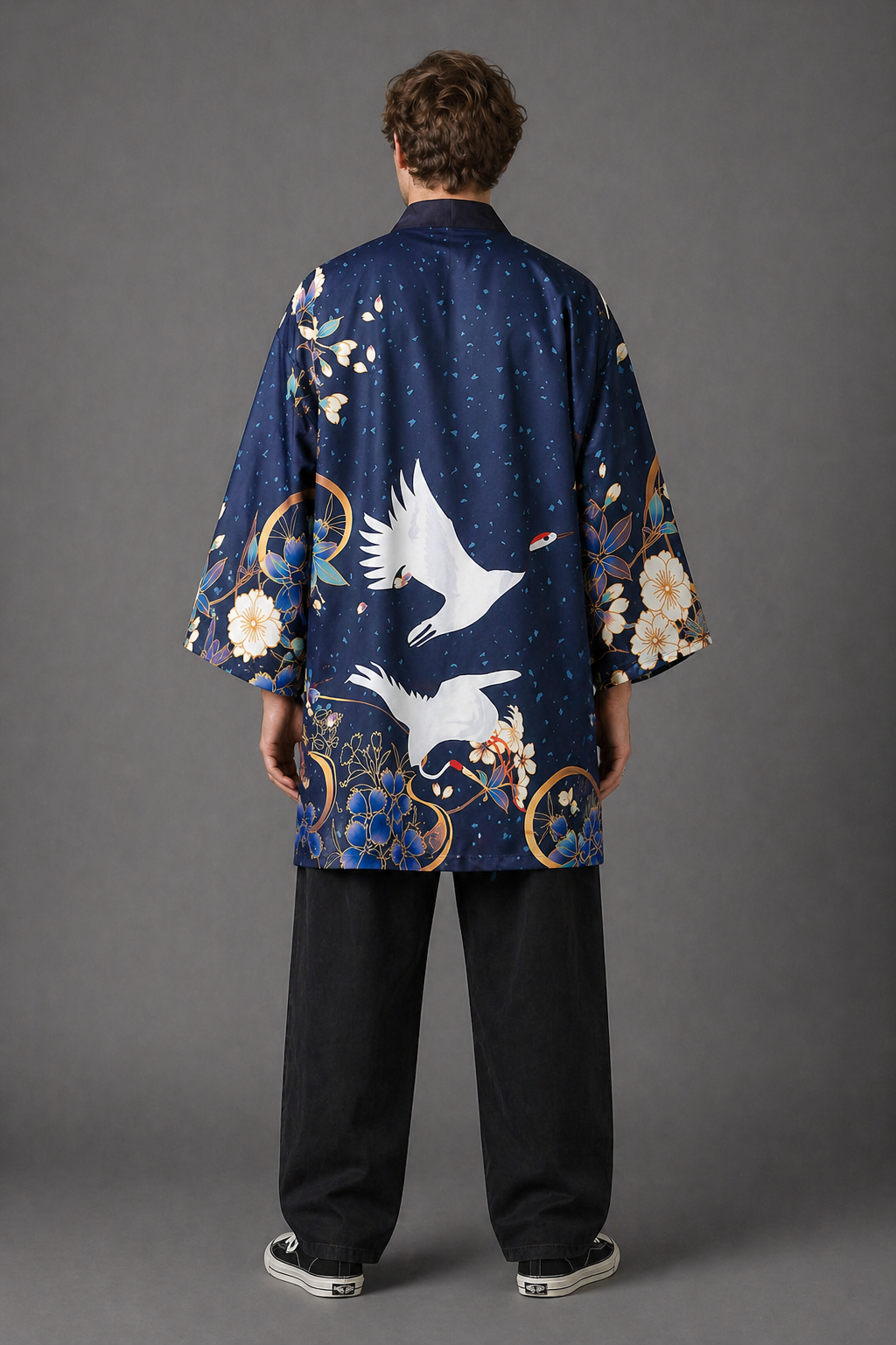 Kimono Long Homme Satin Bleu Grue Cendrée