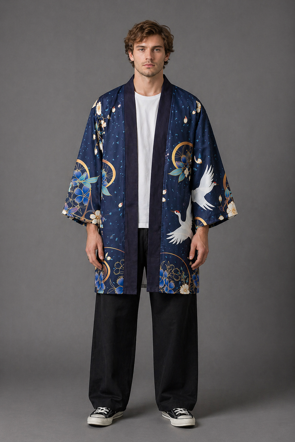 Kimono Long Homme Satin Bleu Grue Cendrée