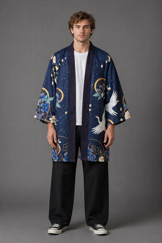 Kimono Long Homme Satin Bleu Grue Cendrée
