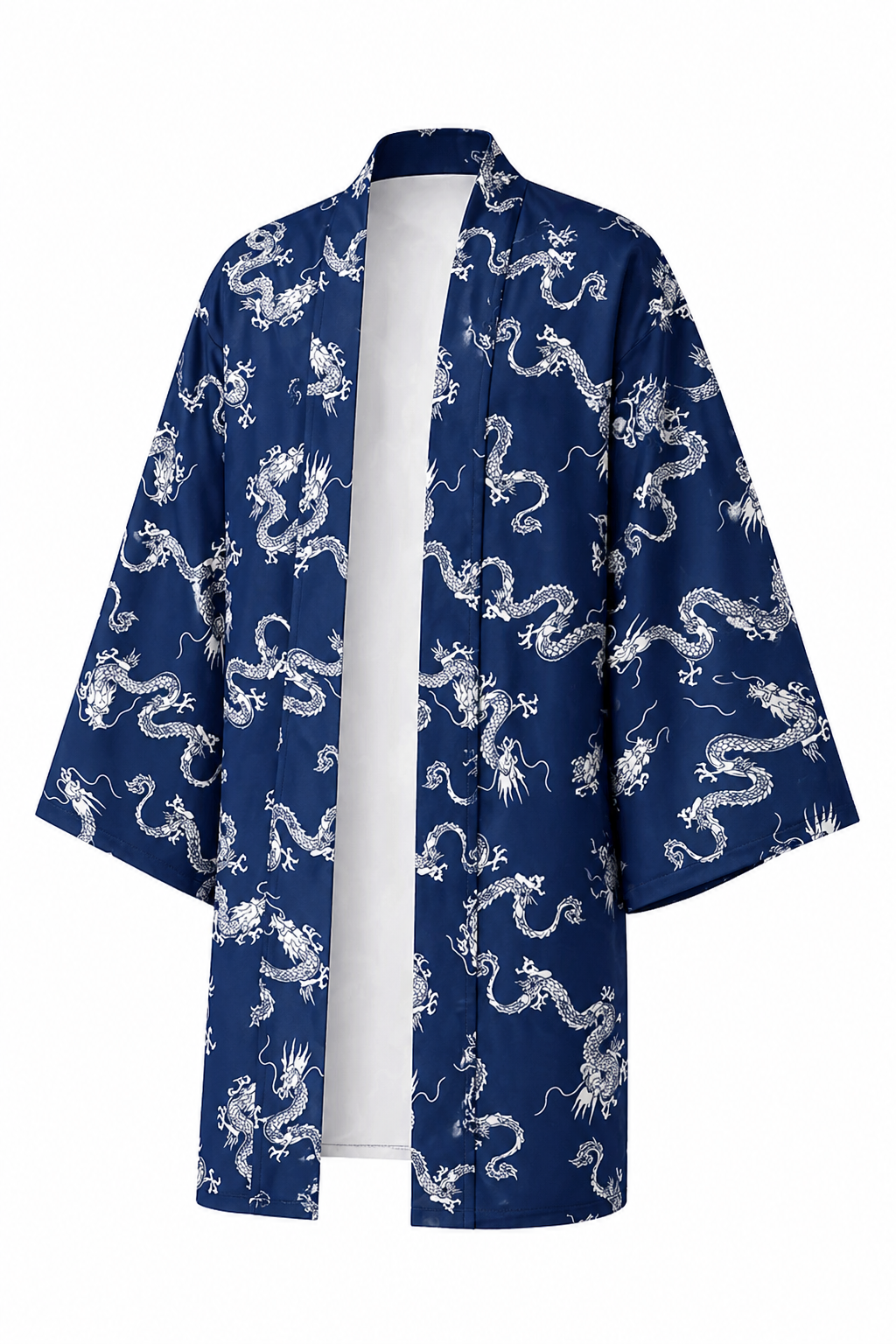 Kimono Long Homme Satin Bleu Mini Dragons