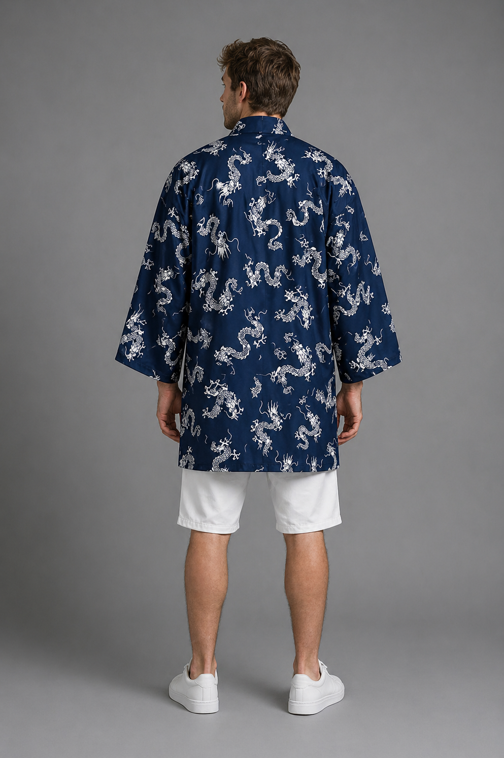 Kimono Long Homme Satin Bleu Mini Dragons
