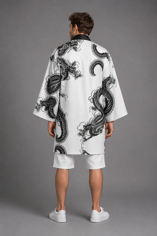 Kimono Long Homme Satin Blanc et Noir avec Dragons