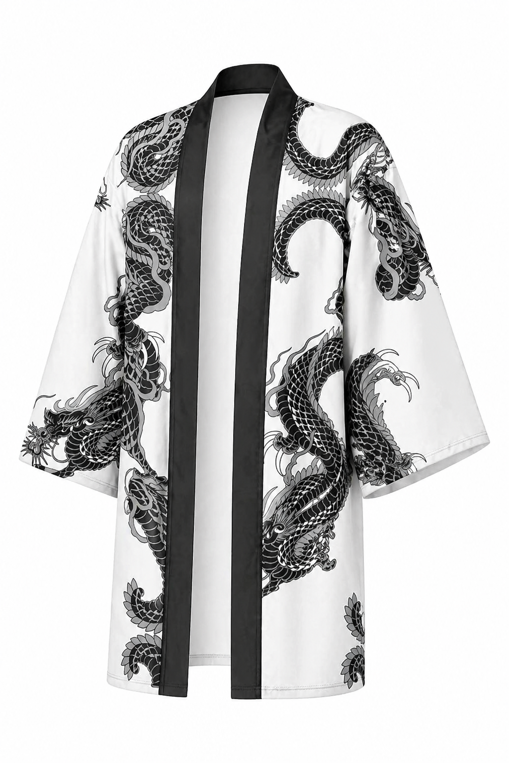 Kimono Long Homme Satin Blanc et Noir avec Dragons