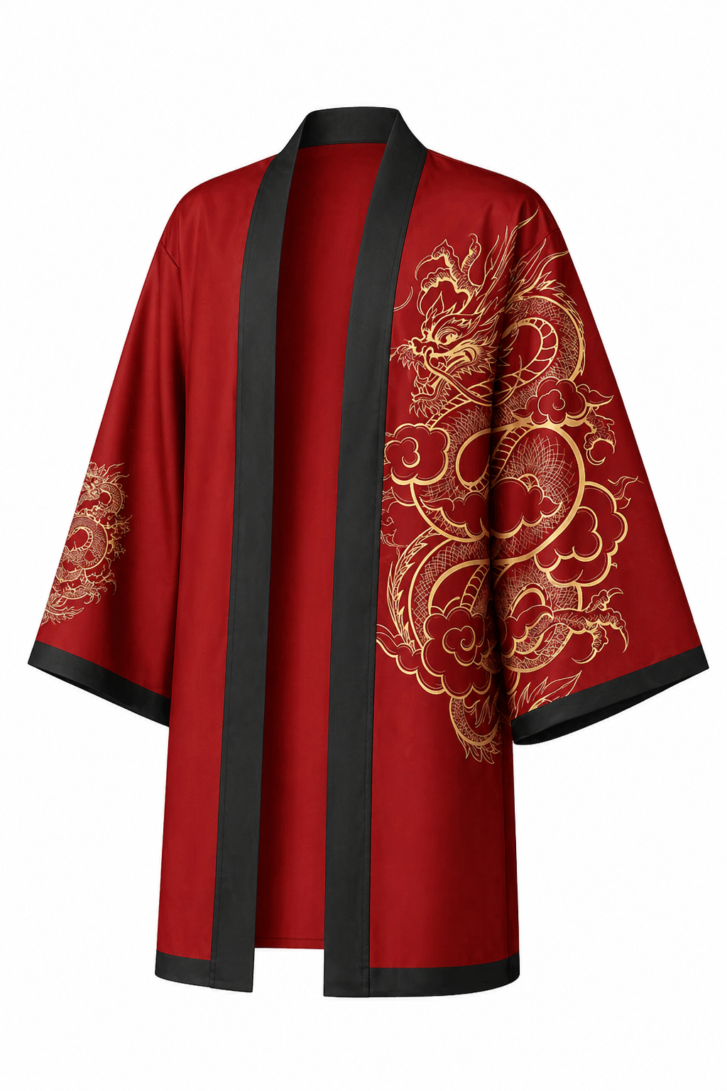 Kimono Long Homme Satin Rouge et Or avec Dragons