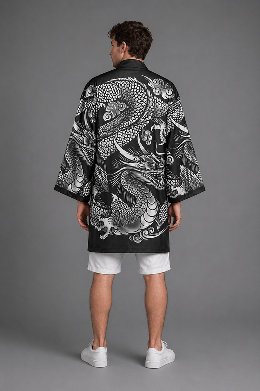Kimono Long Homme Satin Noir et Argent avec Dragons