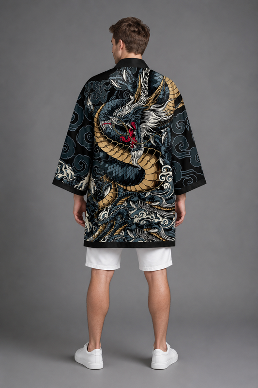 Kimono Long Homme Satin Noir et Gris avec Dragons