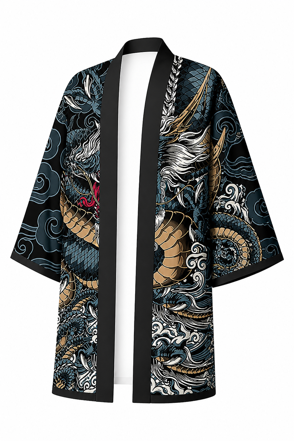 Kimono Long Homme Satin Noir et Gris avec Dragons