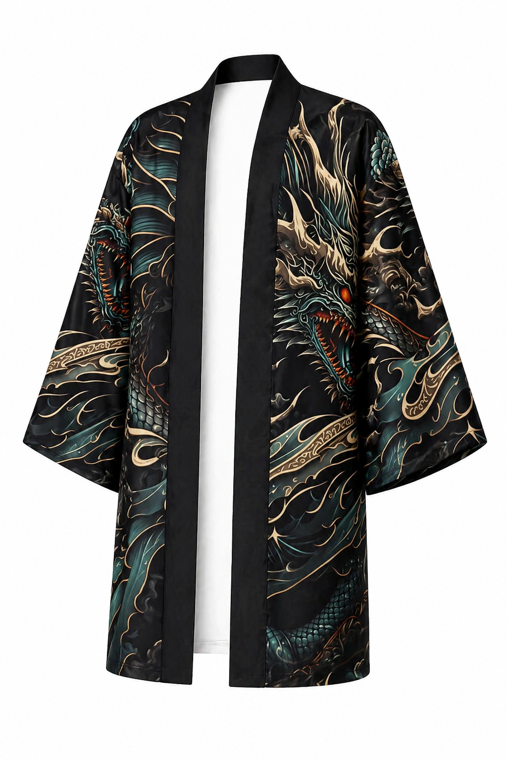 Kimono Long Homme Satin Noir Dragon Vert