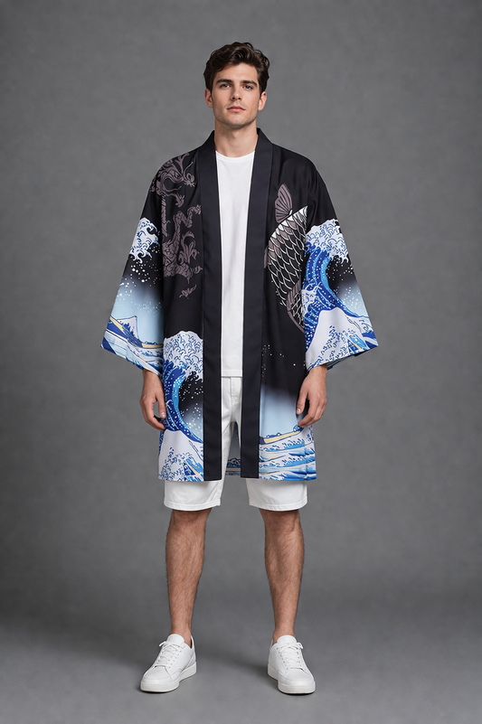 Kimono Long Homme Satin Noir Carpe Koi