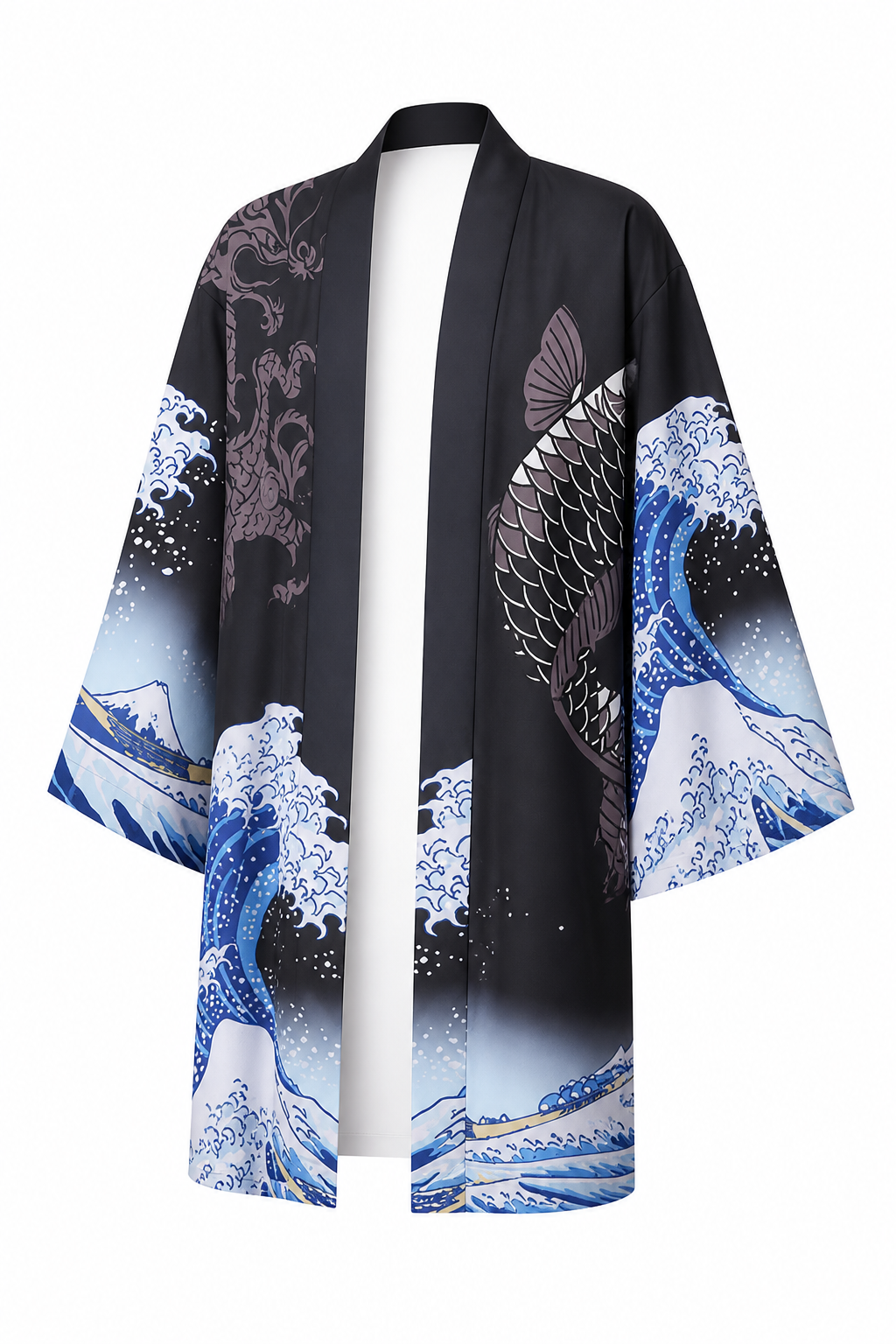 Kimono Long Homme Satin Noir Carpe Koi