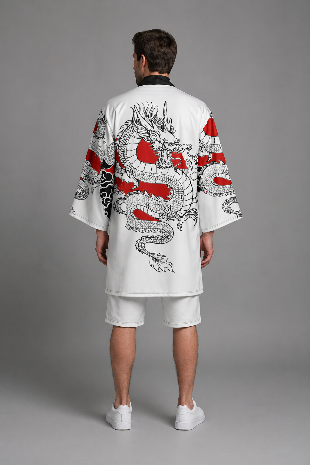 Kimono Long Homme Satin Blanc Dragon