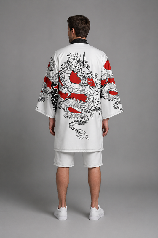 Kimono Long Homme Satin Blanc Dragon