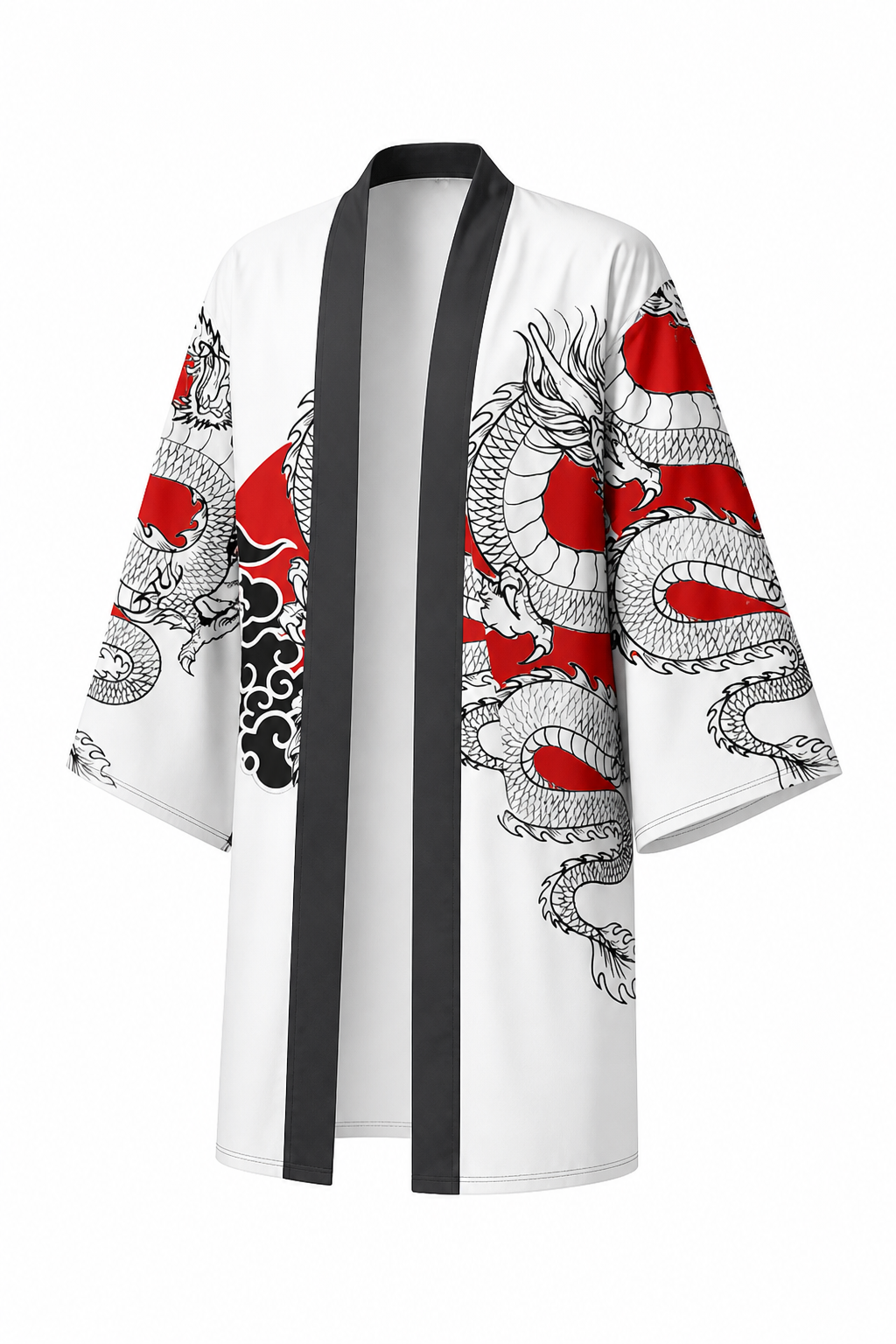 Kimono Long Homme Satin Blanc Dragon
