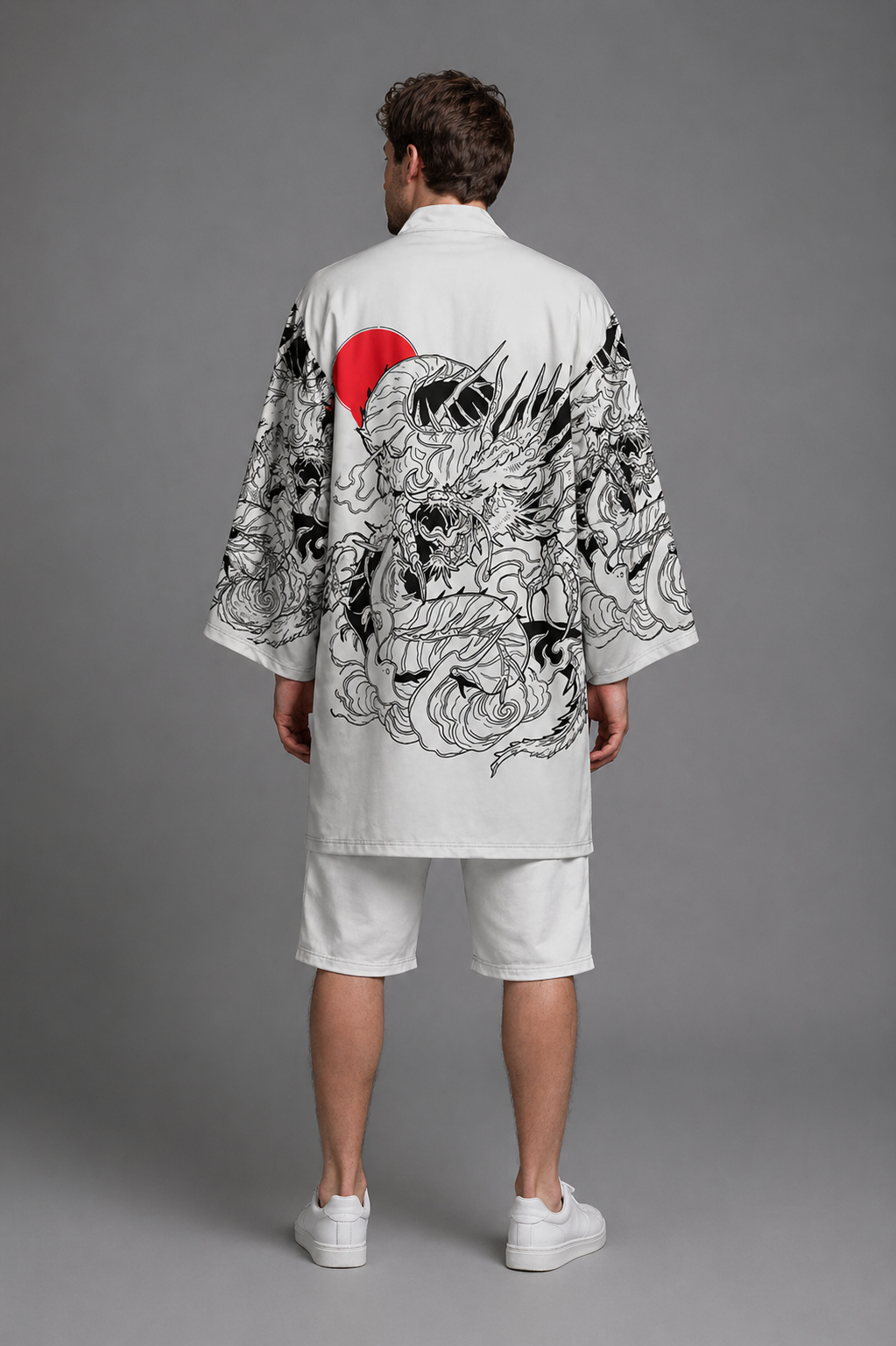 Kimono Long Homme Satin Blanc Dragon Noir