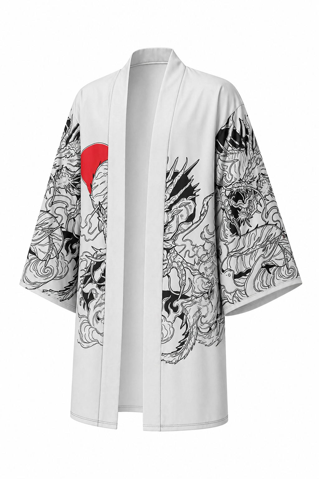 Kimono Long Homme Satin Blanc Dragon Noir