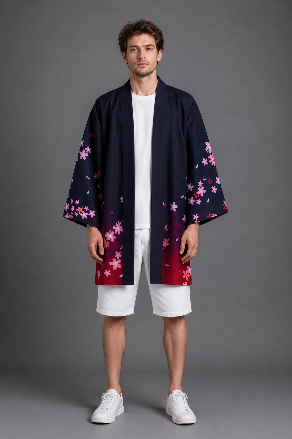 Kimono Long Homme Satin Noir Kitsune Masque