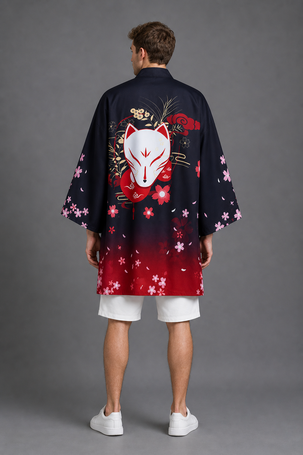 Kimono Long Homme Satin Noir Kitsune Masque