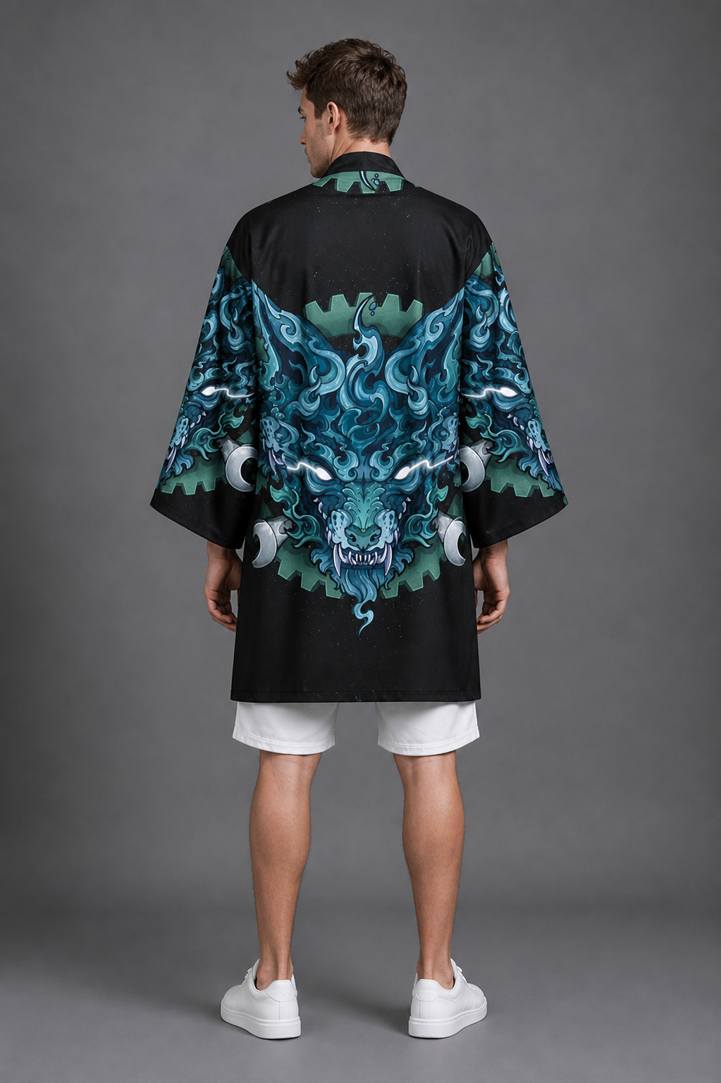 Kimono Long Homme Satin Noir Loup