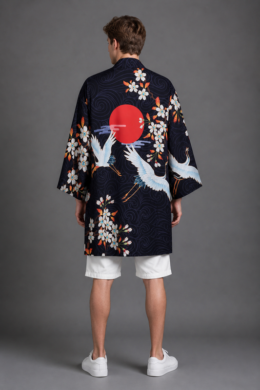 Kimono Long Homme Satin Lune Rouge et Grues