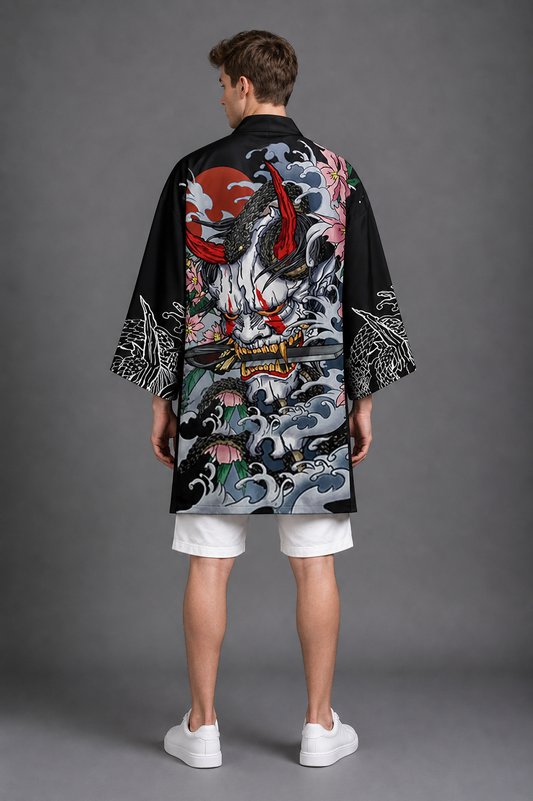 Kimono Long Homme Satin Noir Shinigami