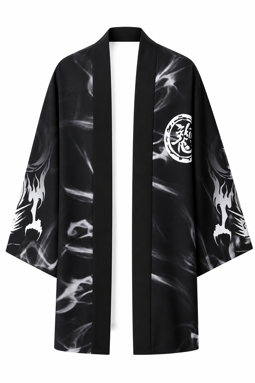 Kimono Long Homme Satin Noir Dragon Blanc