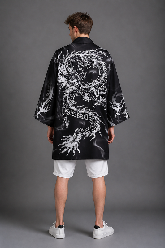 Kimono Long Homme Satin Noir Dragon Blanc