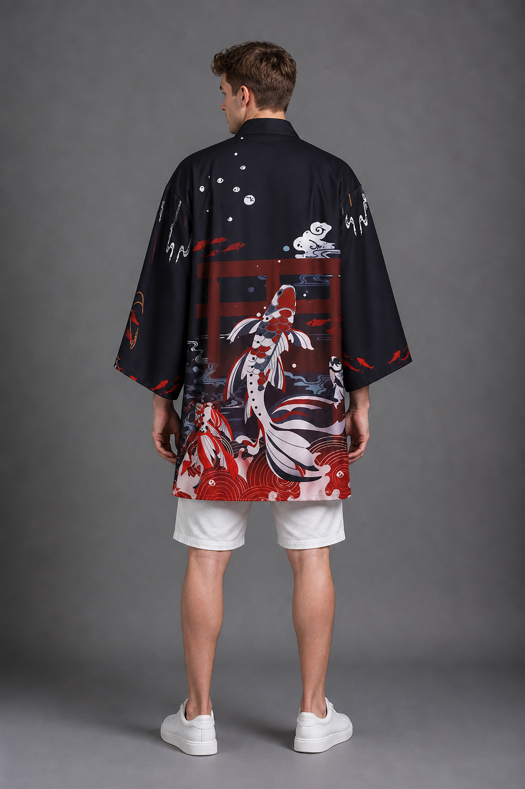 Kimono Long Homme Satin Carpe Koi et Tori