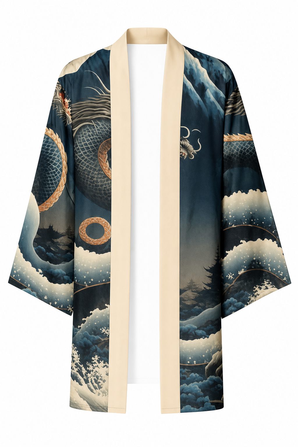 Kimono Long Homme Satin Bleu avec Dragon
