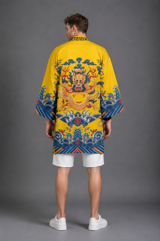 Kimono Long Homme Satin Jaune Dragon