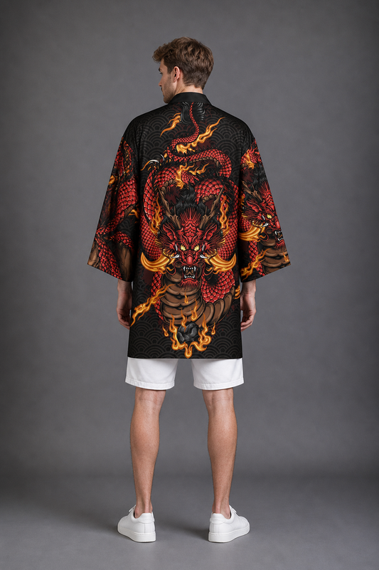 Kimono Long Homme Satin Dragon de Feu