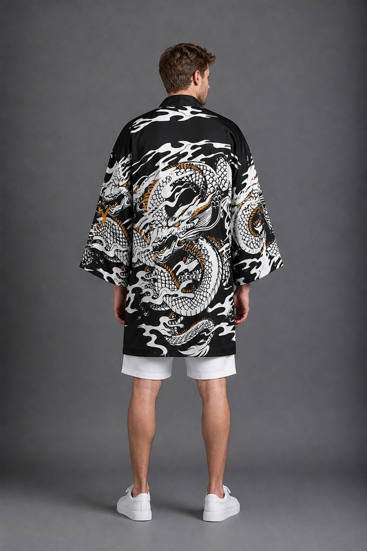 Kimono Long Homme Satin Dragon Blanc et Jaune