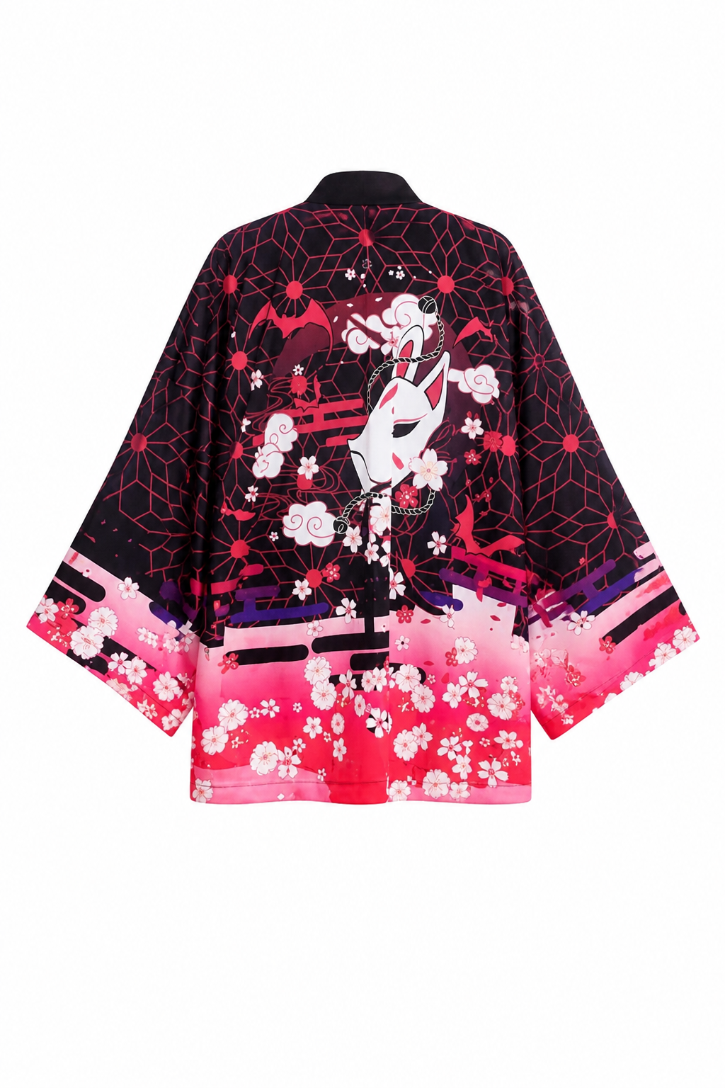 Veste Kimono Femme Satin Kitsune Masque Rose