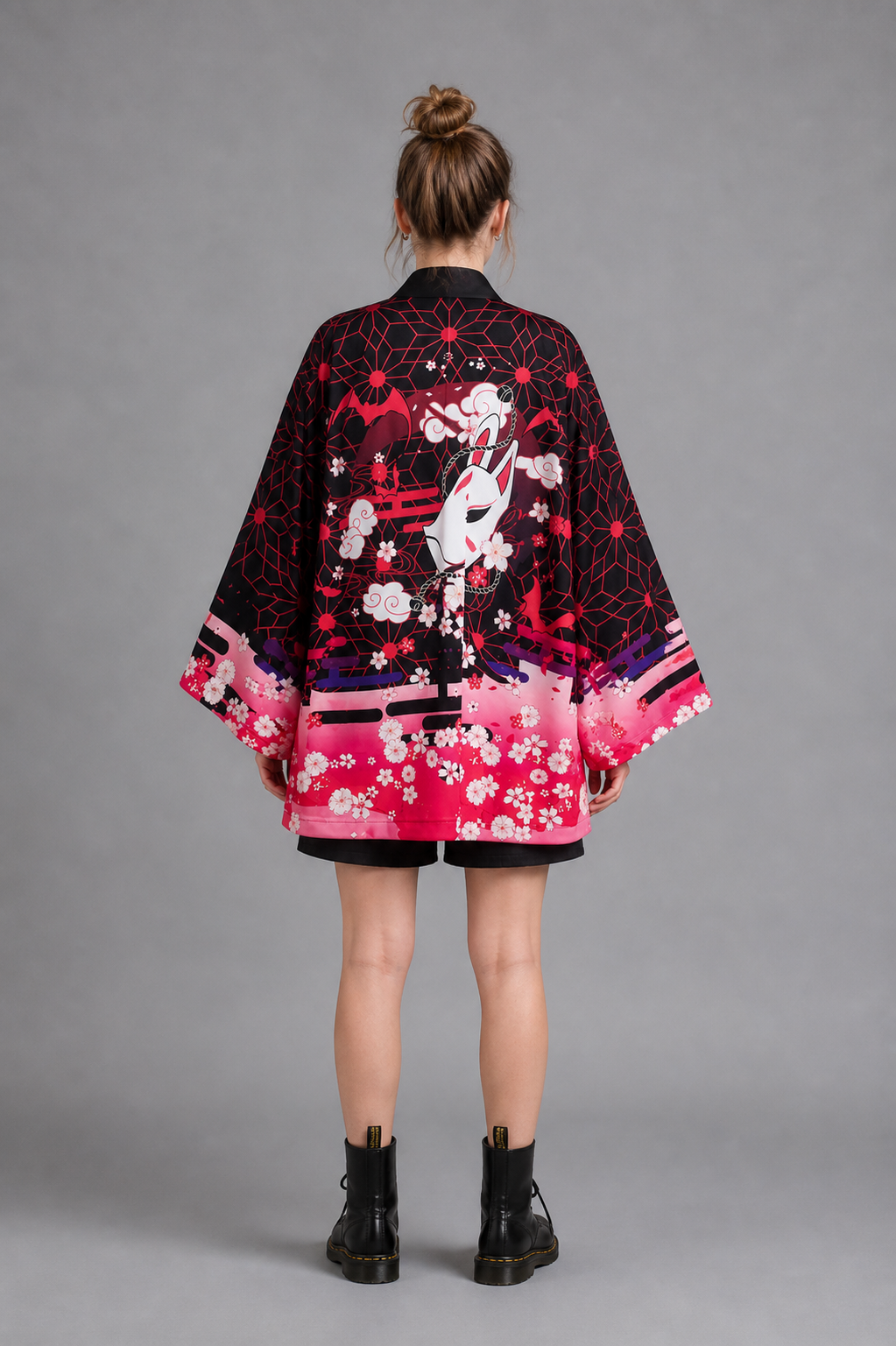 Veste Kimono Femme Satin Kitsune Masque Rose