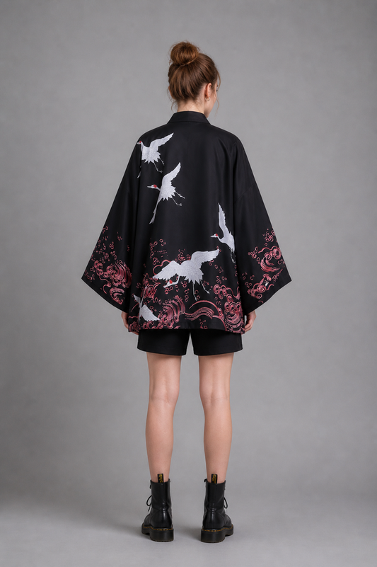 Veste Kimono Femme Satin Grue Cendrée