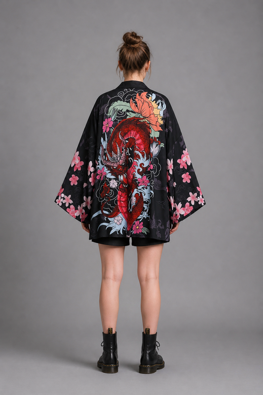 Veste Kimono Femme Satin Dragon Rouge