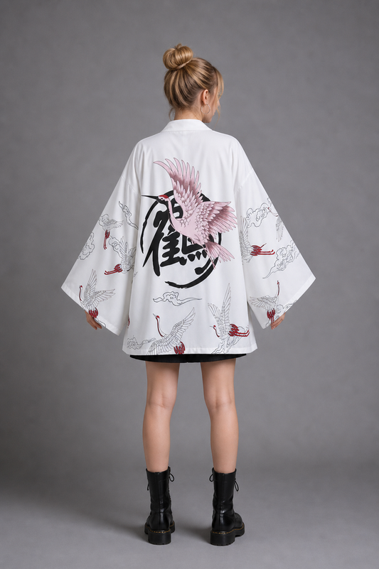 Veste Kimono Femme Satin Grue Rose