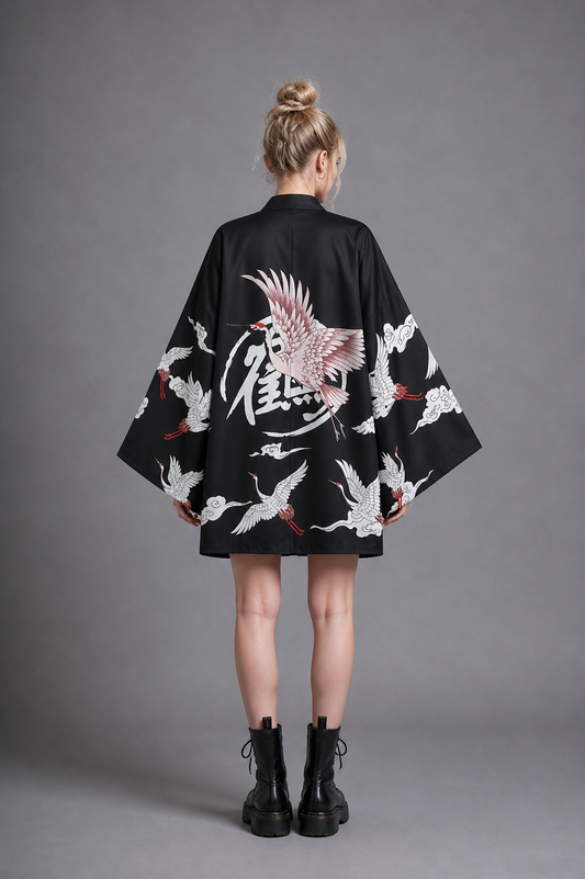 Veste Kimono Femme Satin Noir avec Grue Rose