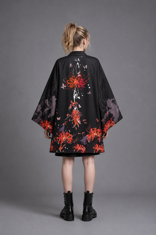 Veste Kimono Femme Satin Noir avec Papillon