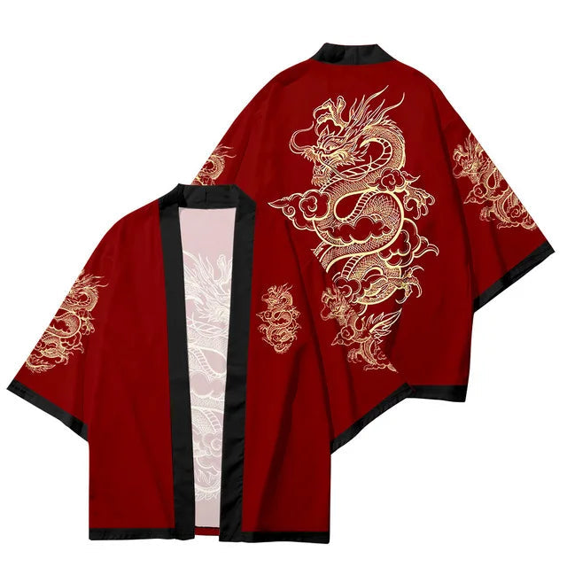 Veste Kimono Relax Garçon Rouge Dragon Doré