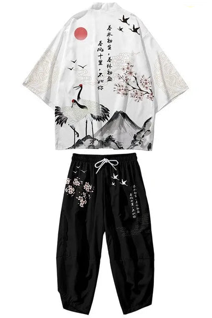 Ensemble Kimono et Pantalon Homme Grues et Montagne Blanc