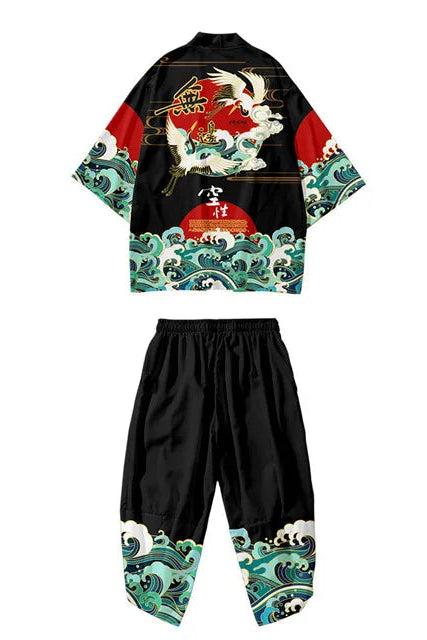 Ensemble Kimono et Pantalon Homme Noir Rouge avec Grues