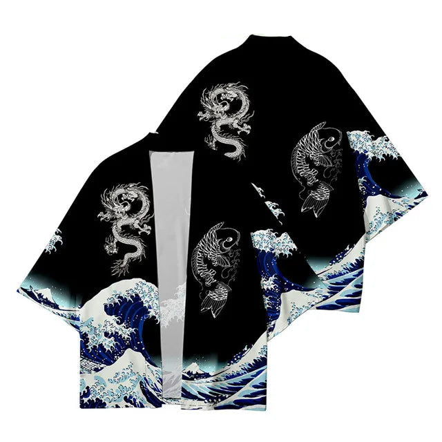 Veste Kimono Relax Garçon Noir Vagues